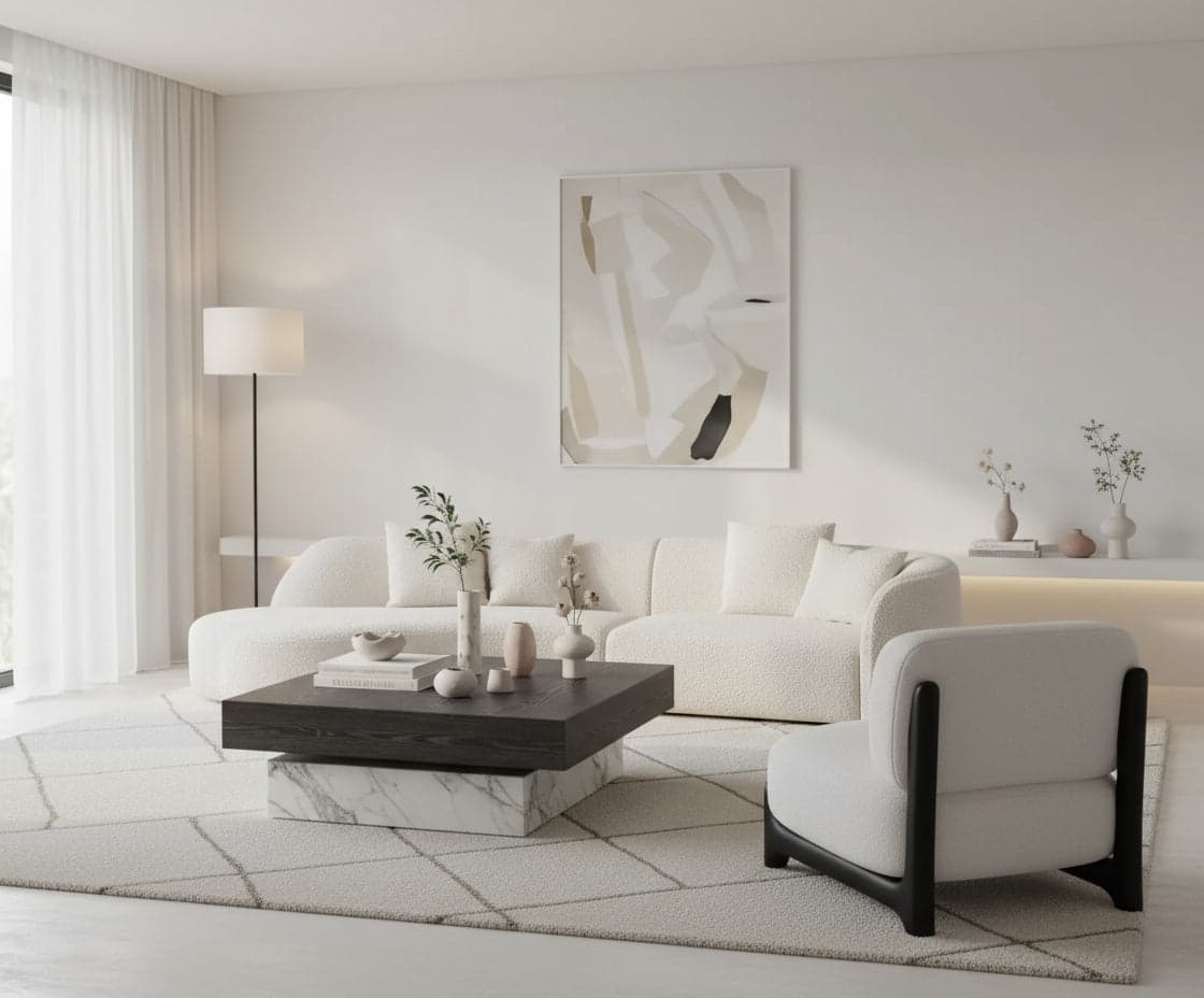 Elsa 3-seater fabric sofa in white with armrest on the left, front view in a living room
