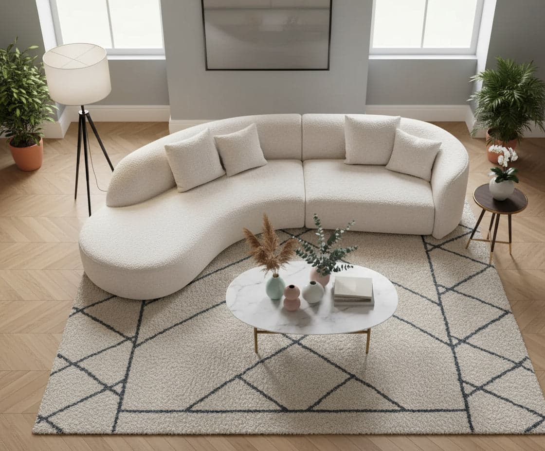 Elsa 3-seater fabric sofa in white with armrest on the left, bird's eyes view in a living room